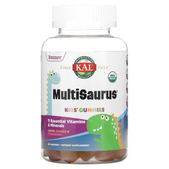 Мультивитамины для детей, Kids Multisaurus Gummies, KAL, лимон, апельсин и клубника, 60 жевательных конфет