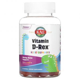 Витамин D для детей, Kids Vitamin D-Rex Gummies, KAL, персик, манго и клубника, 60 жевательных конфет