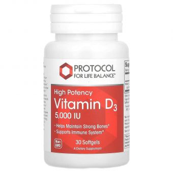 Витамин Д3, Vitamin D3, Protocol for Life Balance, высокая эффективность, 5000 МЕ, 30 гелевых капсул