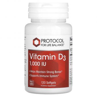 Витамин Д3, Vitamin D3, Protocol for Life Balance, 1000 МЕ, 120 гелевых капсул