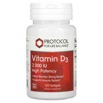 Витамин Д3, Vitamin D3, Protocol for Life Balance, высокая эффективность, 2000 МЕ, 120 гелевых капсул