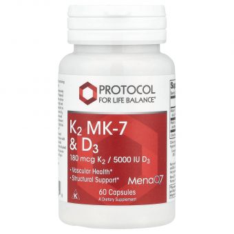 Вітаміни K2 (MK-7) та Д3, K2 MK-7 & D3, Protocol for Life Balance, 60 капсул