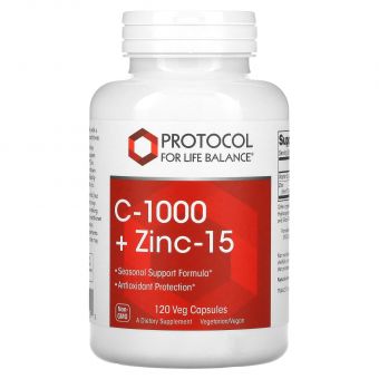 Витамин C + цинк, C-1000 + Zinc-15, Protocol for Life Balance, 1000 мг/15 мг, 120 веганских капсул