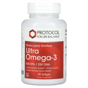 Омега-3 Ультра, Ultra Omega-3, Protocol for Life Balance, молекулярно-дистиллированная, 500 ЭПК/250 ДГК, 90 гелевых капсул