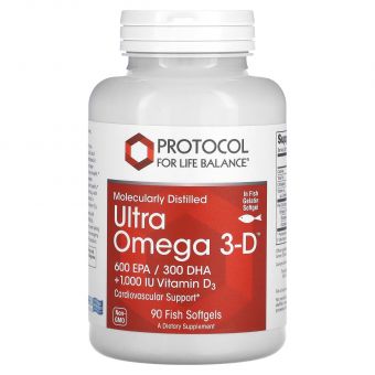 Омега-3 Ультра з вітаміном Д3, Ultra Omega 3-D, Protocol for Life Balance, молекулярно-дистильована, 600 ЕПК/300 ДГК, з лимонною олією, 90 рибних гелевих капсул