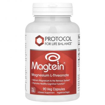 Магній L-треонат, Magtein®, Magnesium L-Threonate, Protocol for Life Balance, нервова та когнітивна підтримка, 90 веганських капсул