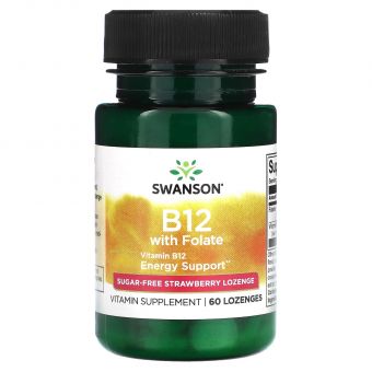 Вітамін В-12 і фолієва кислота, Ultra Vitamin B-12 with Folic Acid, Swanson, смак полуниці, 60 льодяників