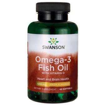 Омега-3 рыбий жир с витамином Д, Omega-3 Fish Oil with Vitamin D, Swanson, 1000 мг, вкус лимона, 60 гелевых капсул