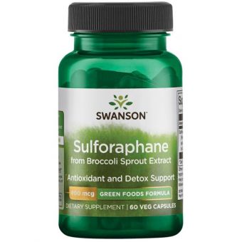 Сульфорафан, GreenFoods Sulforaphane, Swanson, из экстракта ростков брокколи, 400 мкг, 60 вегетарианских капсул