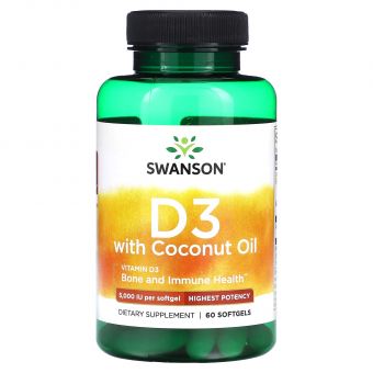 Витамин D3 с кокосовым маслом, Vitamin D3 with Coconut Oil, Swanson, высокоэффективный, 60 гелевых капсул