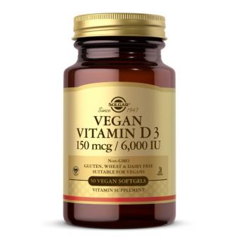 Витамин Д3 веганский, Vegan Vitamin D3, Solgar, 150 мкг (6000 МЕ), 50 веганских гелевых капсул