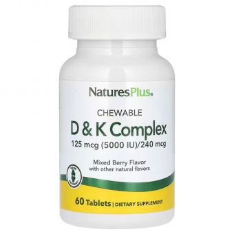 Вітаміни Д і K, жувальний комплекс, Chewable D&K Complex, Nature's Plus, зі смаком ягід, 60 вегетаріанських таблеток