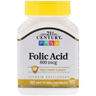 Фолієва кислота, Folic Acid, 21st Century, 800 мкг, 180 таблеток