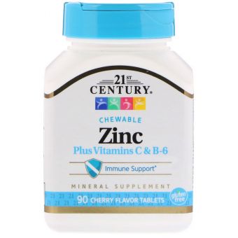 Цинк в жевательных таблетках, Zinc Chewable, 21st Century, вишня, 90 таб.