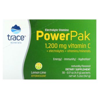 Електроліти, Electrolyte Stamina PowerPak, Trace Minerals Research, лимон-лайм, 30 пакетів по 4,9 г кожен