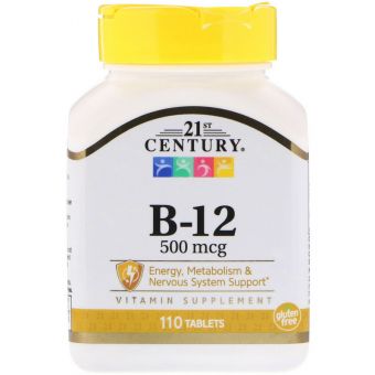 Витамин В12 + кальций, Vitamin B-12, 21st Century, 500 мкг, 110 таб.