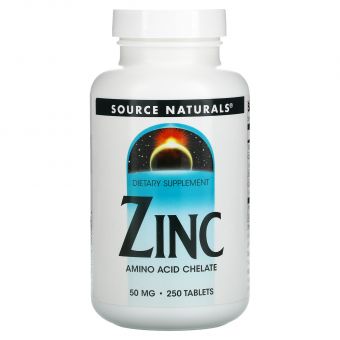 Цинк хелат, Zinc, Source Naturals, 50 мг, 250 таблеток