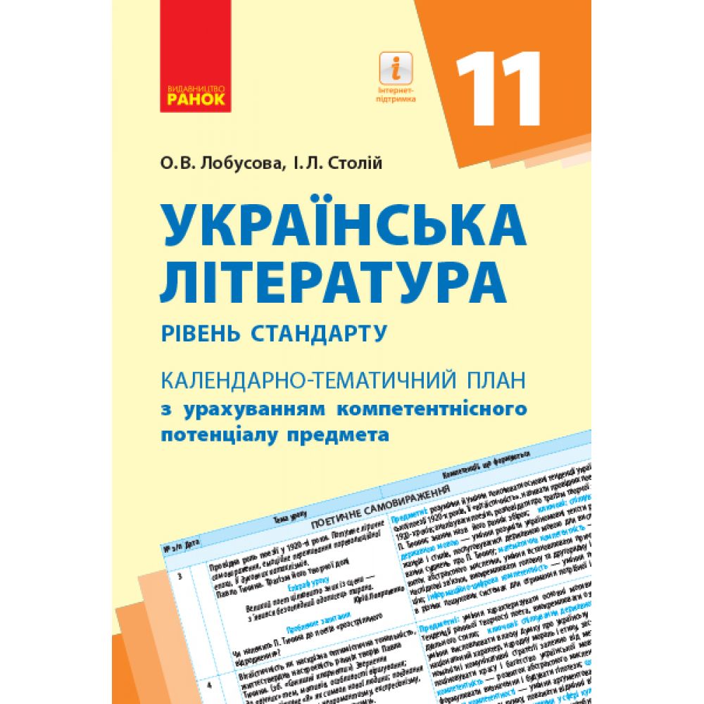 Українська література (рівень стандарту). 11 клас. Календарнотематичний план з урахуванням компетентнісного потенціалу предмета