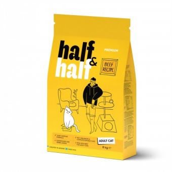 Сухой корм Half&Half для взрослых кошек, с говядиной, 8 кг