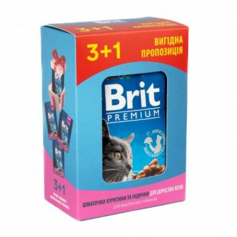 Набор паучей "3+1" для кошек Brit Premium Cat pouch Chicken & Turkey с курицей и индейкой, 4х100г