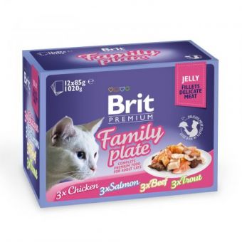 Набор влажных кормов Brit Premium pouches «Семейная тарелка филе в желе» для кошек, ассорти из 4 вкусов, 12 шт. х 85 г
