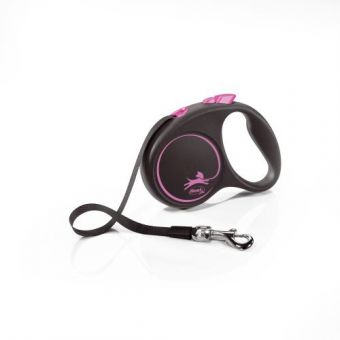 Рулетка Flexi Black Design для собак, лента, размер S, 5 м (розовая)