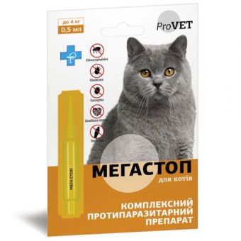 Капли ProVET «Мега Стоп» для кошек до 4 кг, 1 пипетка (от внешних и внутренних паразитов)