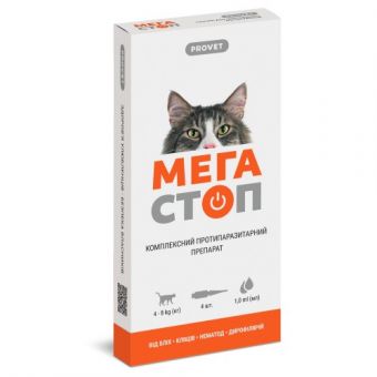 Капли на холку ProVET «Мега Стоп» для кошек от 4 до 8 кг, 1 пипетка (от внешних и внутренних паразитов)