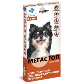 Краплі на холку ProVET «Мега Стоп» для собак до 4 кг, 1 піпетка (від зовнішніх та внутрішніх паразитів)