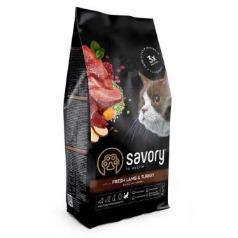 Сухой корм Savory для кошек с чувствительным пищеварением, со свежим ягненком и индейкой, 2 кг