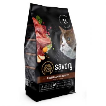 Сухой корм Savory для кошек с чувствительным пищеварением, со свежим ягненком и индейкой, 400 г