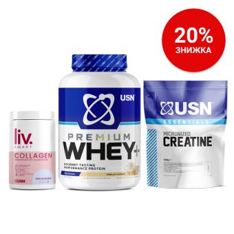 Whey+ Premium Protein (2 kg vanilla) + Essentials Micronized Creatine (500 g) + LivSmart Collagen (330 g unflavoured)