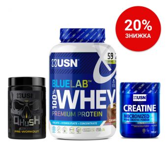 Blue Lab 100% Whey Premium Protein (2 kg caramel popcorn) + Micronized Creatine Monohydrate (500 g) + Qhush Black Pre-workout (220 g frosted lemon)