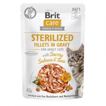 Корм вологий для стерилізованих котів Brit Care Cat Sterilized філе в соусі з лососем і тунцем, пауч, 85 г