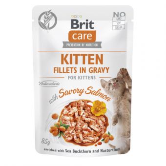 Корм влажный для котят Brit Care Cat Fillets in Gravy with Savory Salmon филе в соусе с лососем, пауч, 85 г
