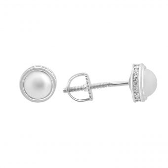 Срібні сережки з натуральним перлом, фіанітами (2152439)