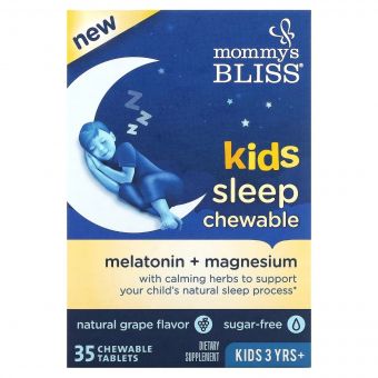 Мелатонін та Магній для дітей від 3 років, смак винограду, Kids Sleep Chewable, Melatonin+Magnesium, Mommy's Bliss, 35 жувальних таблеток