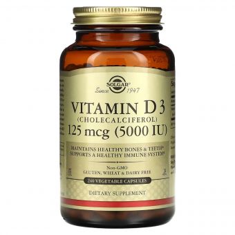 Вітамін D3, 125 мкг (5000 МО), Vitamin D3 (Cholecalciferol), Solgar, 240 вегетаріанських капсул