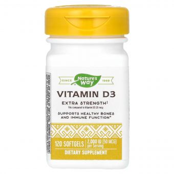 Вітамін D3, 50 мкг (2000 МО), Vitamin D3, Extra Strength, Nature's Way, 120 гелевих капсул