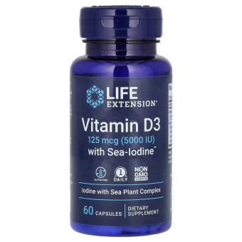 Вітамін D3 з морським йодом, 125 мкг (5000 МО), Vitamin D3 with Sea-Iodine, Life Extension, 60 капсул