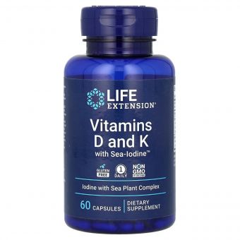 Вітамін D і K з морським йодом, Vitamins D and K with Sea-Iodine, Life Extension, 60 капсул