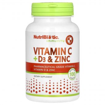Вітамін C, D3 та цинк, Immunity, Vitamin C, D3 & Zinc, NutriBiotic, 100 капсул