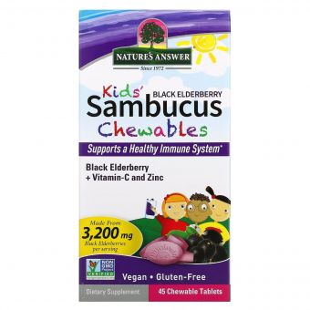 Чорна бузина для дітей з вітаміном С та цинком, Kid's Sambucus Chewables, Black Elderberry + Vitamin C and Zinc, Nature's Answer, 45 жувальних таблеток