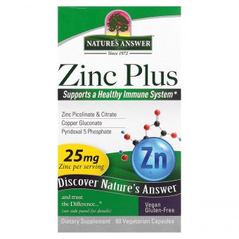Цинк плюс, 25 мг, Zinc Plus, Nature's Answer, 60 вегетаріанських капсул