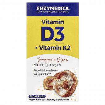 Вітамін D3 + Вітамін K2, Vitamin D3 + Vitamin K2, Enzymedica, 60 капсул