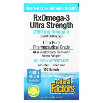 Омега-3 ультра, 2150 мг, RxOmega-3 Ultra Strength, Natural Factors, 150 гелевих капсул