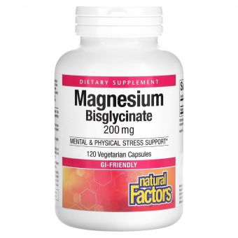 Магній Бісгліцинат, 200 мг, Magnesium Bisglycinate, Natural Factors, 120 вегетаріанських капсул