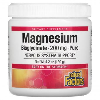 Магній Бісгліцинат у порошку, 200 мг, Magnesium Bisglycinate, Pure, Natural Factors, 120 гр