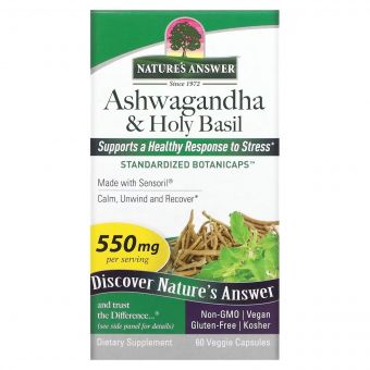 Ашваганда та базилік священний, 550 мг, Ashwagandha & Holy Basil, Nature's Answer, 60 вегетаріанських капсул