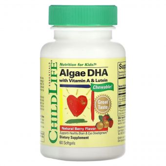 Дитячий DHA, з водоростей з вітаміном А та лютеїном, смак ягід, Algae DHA with Vitamin A & Lutein, ChildLife, 60 гелевих капсул